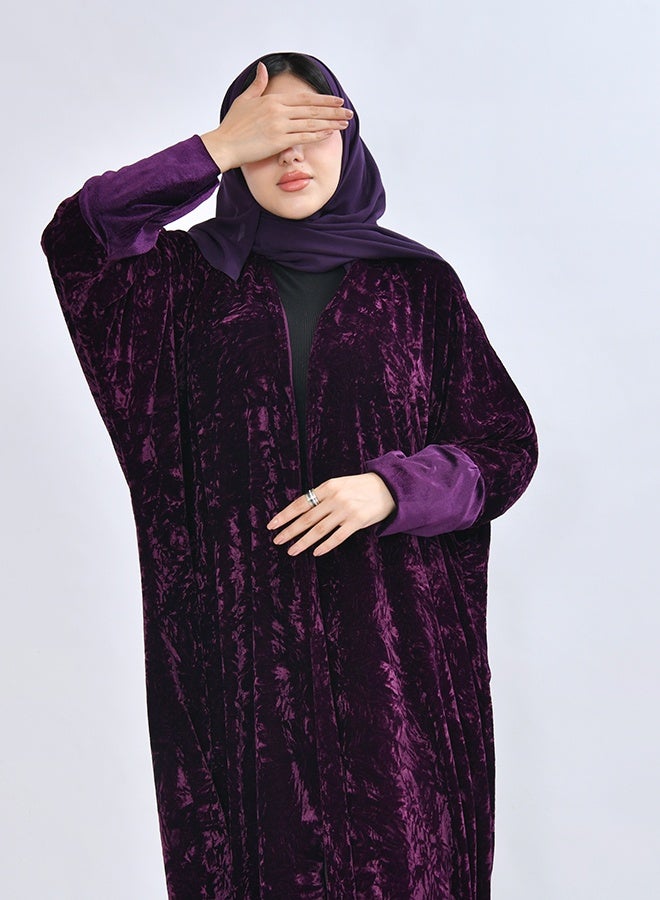 HAWRAA ABAYA Elegant quarter-bisht–style abaya crafted from luxurious velvet fabric in a rich purple color - Image 4